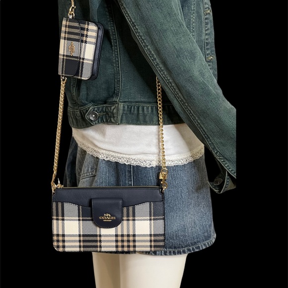 Coach Womens Crossbody Bag With Pouch Coin Bag Chain Strap Poppy Plaid Leather - Picture 12 of 15